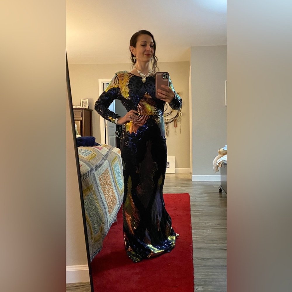 Navy blue and gold sequin Vicky and Lucas evening gown.